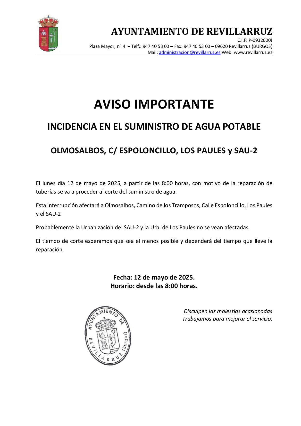 Corte suministro 12-05-2025