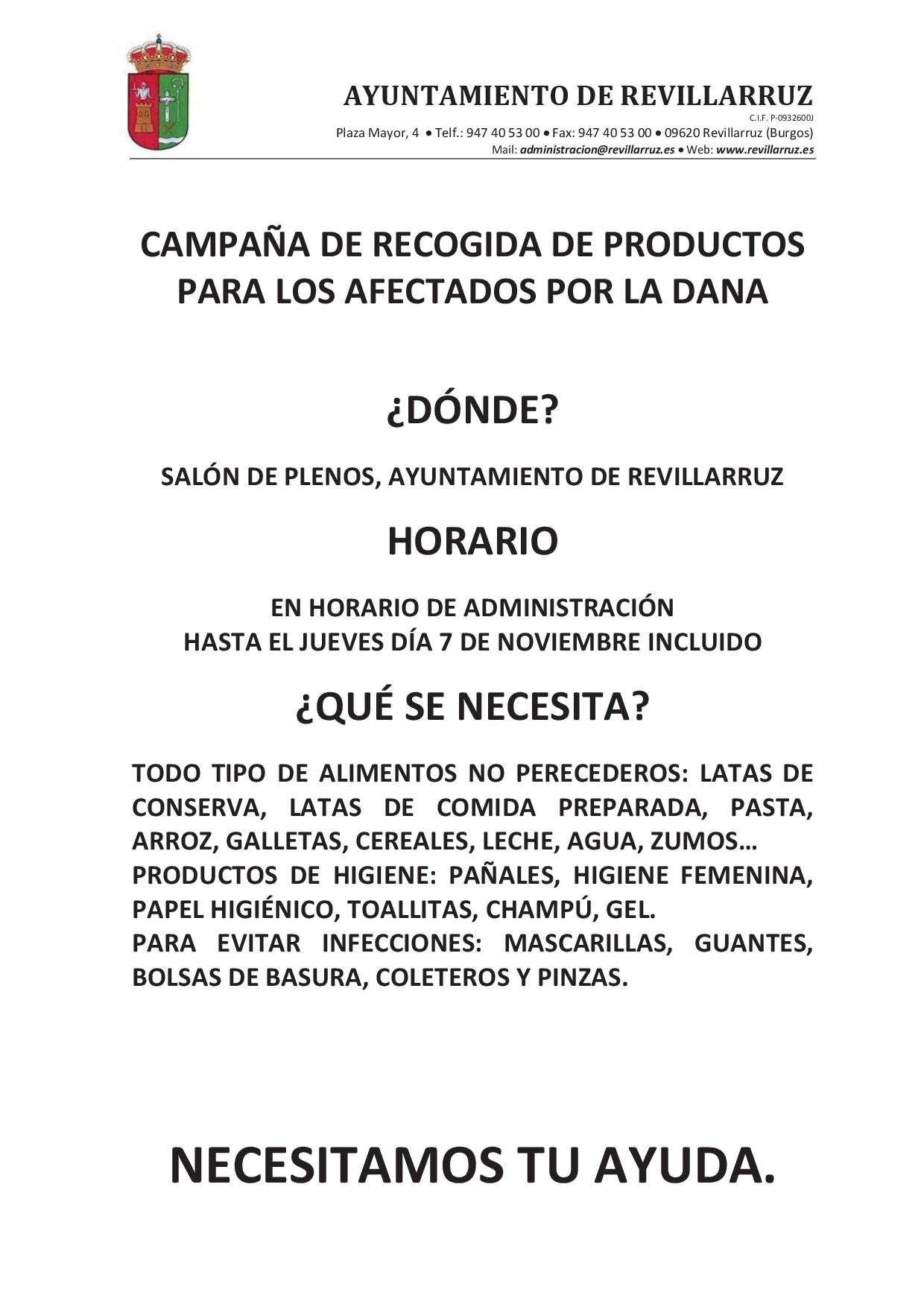 CAMPAÑA RECOGIDA DE PRODUCTOS PARA LOS AFECTADOS POR LA DANA