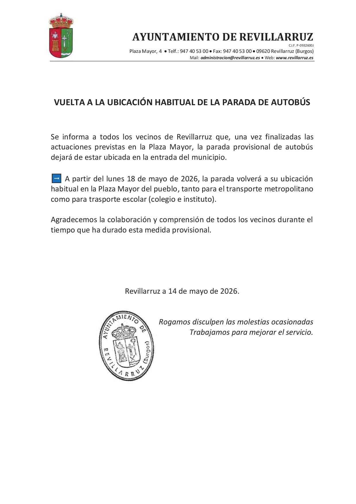 VUELTA A LA UBICACIÓN HABITUAL DE LA PARADA DE AUTOBÚS