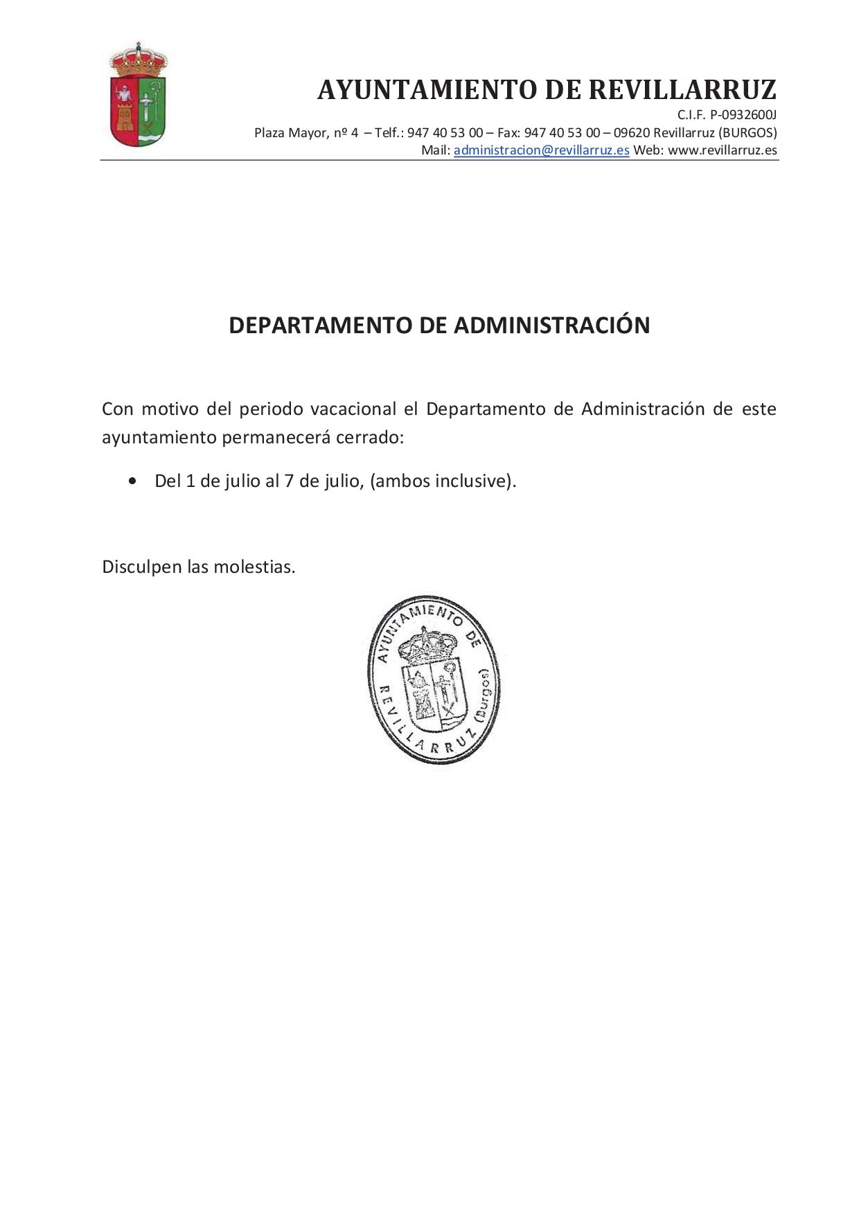 VACACIONES DEPARTAMENTO DE ADMINISTRACIÓN