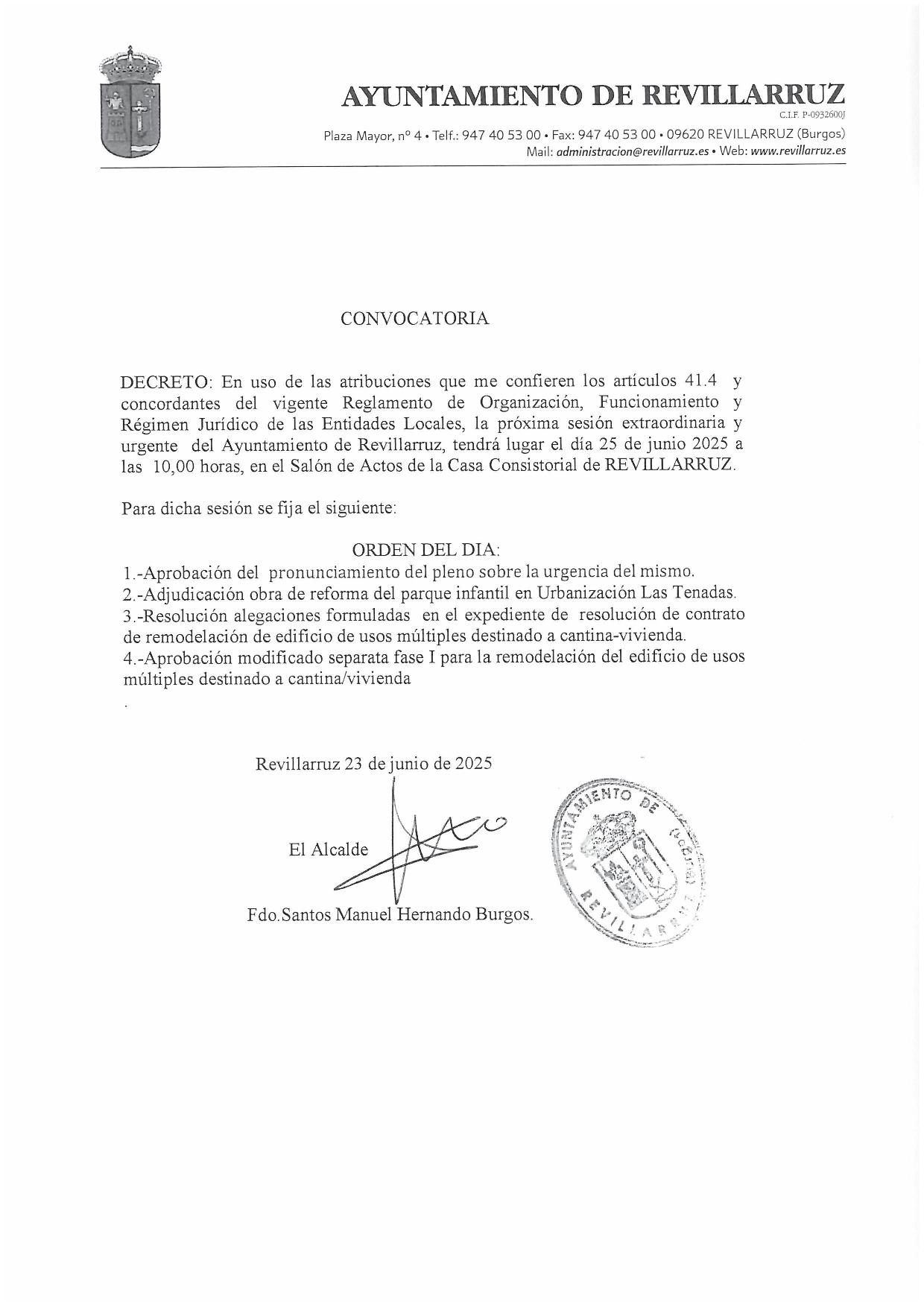 CONVOCATORIA PLENO EN SESIÓN EXTRAORDINARIA DE FECHA 25 DE JUNIO DE 2025
