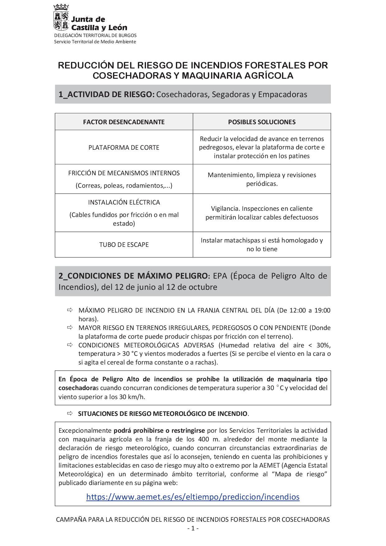 RECOMENDACIONES PARA REDUCCIÓN RIESGO DE INCENDIOS POR COSECHADORAS