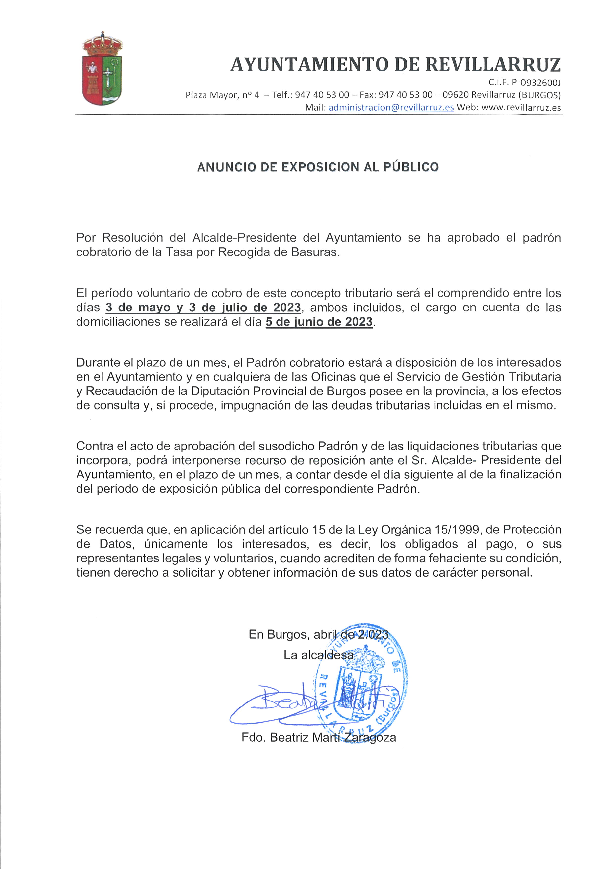 ANUNCIO DE EXPOSICIÓN AL PÚBLICO - PADRÓN BASURAS 2023