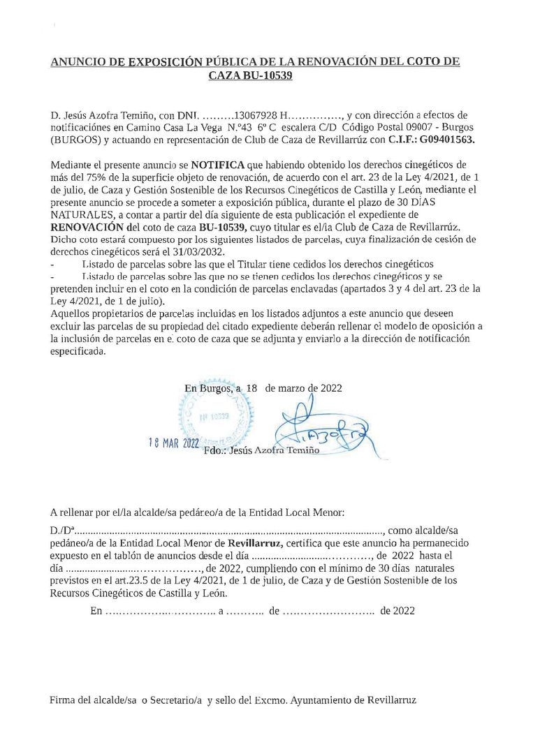 ANUNCIO DE EXPOSICIÓN PÚBLICA DE LA RENOVACIÓN DEL COTO DE CAZA BU-10539