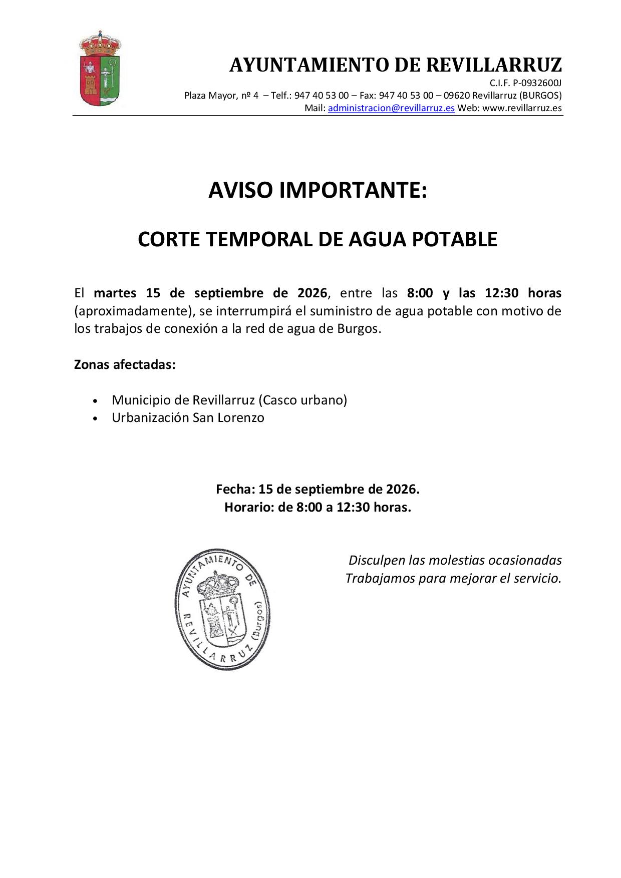 CORTE SUMINISTRO AGUA POTABLE CASCO URBANO REVILLARRUZ