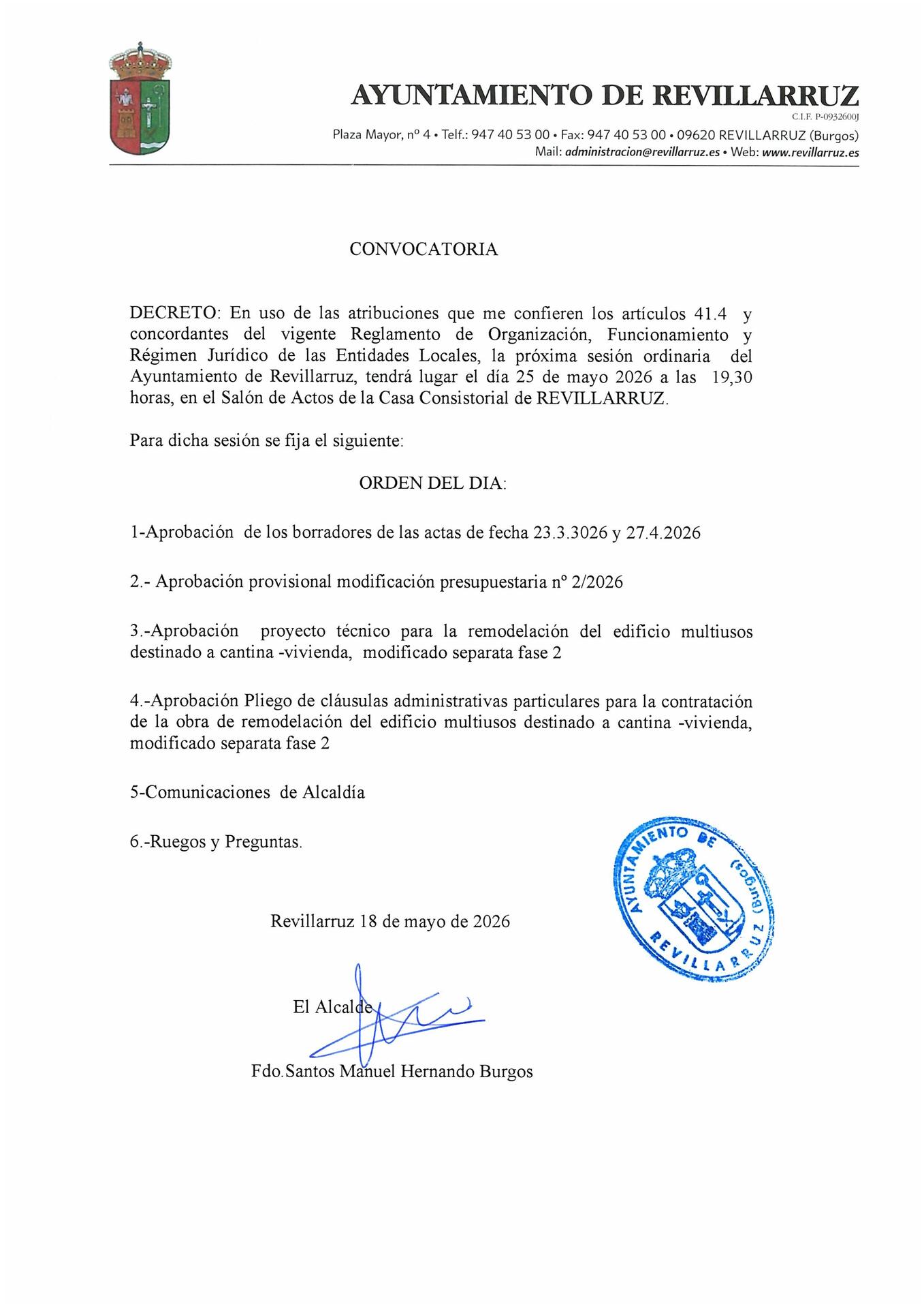 CONVOCATORIA PLENO EN SESIÓN ORDINARIA DE FECHA 25 DE MAYO DE 2026